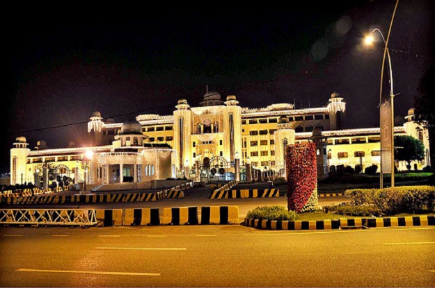 an illuminated view of pm secretariat decorated with colourful lights in connection with the independence day celebrations photo app