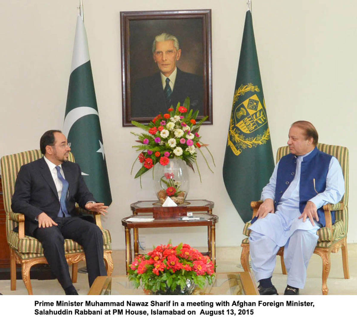 prime minister nawaz sharif meets afghan foreign minister salahuddin rabbani at the pm house in islamabad on august 3 2015 photo pid