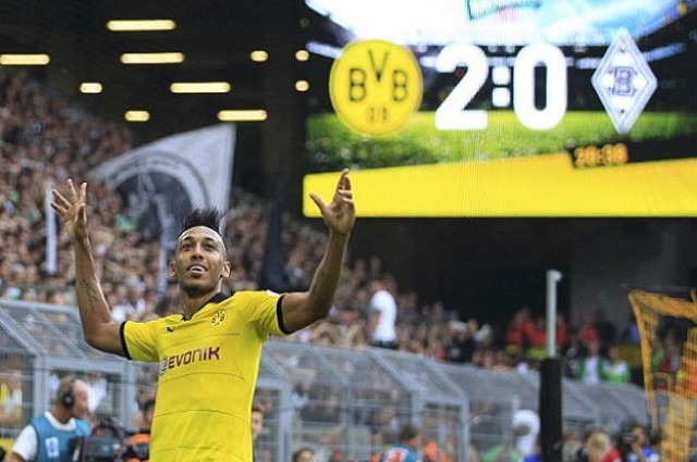 aubameyang who committed his future to dortmund by signing a new contract looks delighted with his goal photo reuters aubameyang who committed his future to dortmund by signing a new contract looks delighted with his goal photo reuters