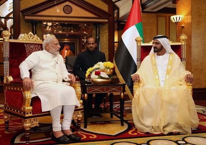 sheikh mohammed bin rashid al maktoum prime minister of the uae and ruler of dubai meeting with indian prime minister narendra modi before a meeting in dubai modi is on a two day visit the first by an indian premier in more than three decades during which he discussed quot cooperation quot with oil rich uae photo afp ho wam