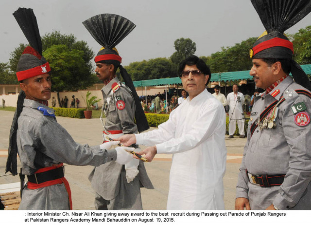 minister of interior chaudhry nisar ali khan gives award to the best recruit during passing out parade of punjab rangers at the punjab rangers academy in mandi bahauddin on august 19 2015 photo pid minister of interior chaudhry nisar ali khan gives award to the best recruit during passing out parade of punjab rangers at the punjab rangers academy in mandi bahauddin on august 19 2015 photo pid