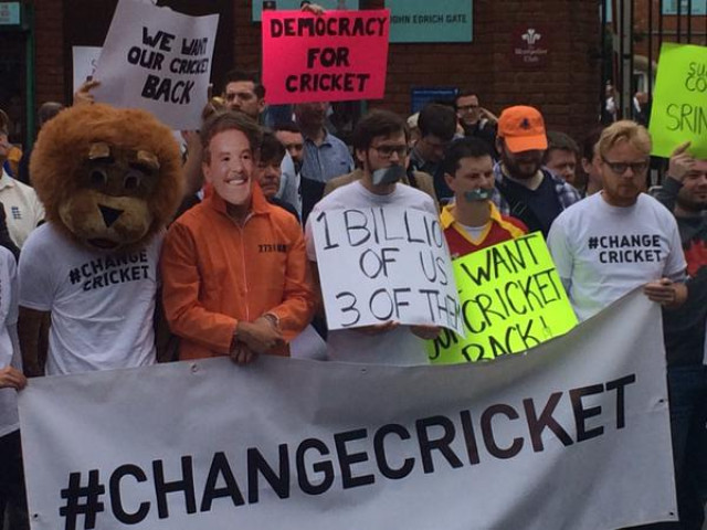 dozens of demonstrators gathered outside the oval in protest against the way in which world cricket is now run photo twitter dozens of demonstrators gathered outside the oval in protest against the way in which world cricket is now run photo twitter