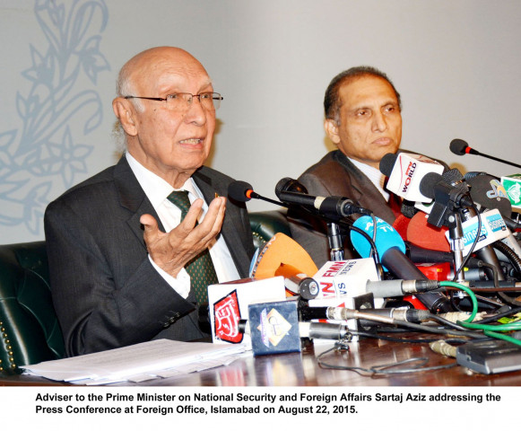 adviser to prime minister on national security and foreign affairs sartaj aziz addresses a press conference at the foreign office in islamabad on august 22 2015 photo pid adviser to prime minister on national security and foreign affairs sartaj aziz addresses a press conference at the foreign office in islamabad on august 22 2015 photo pid