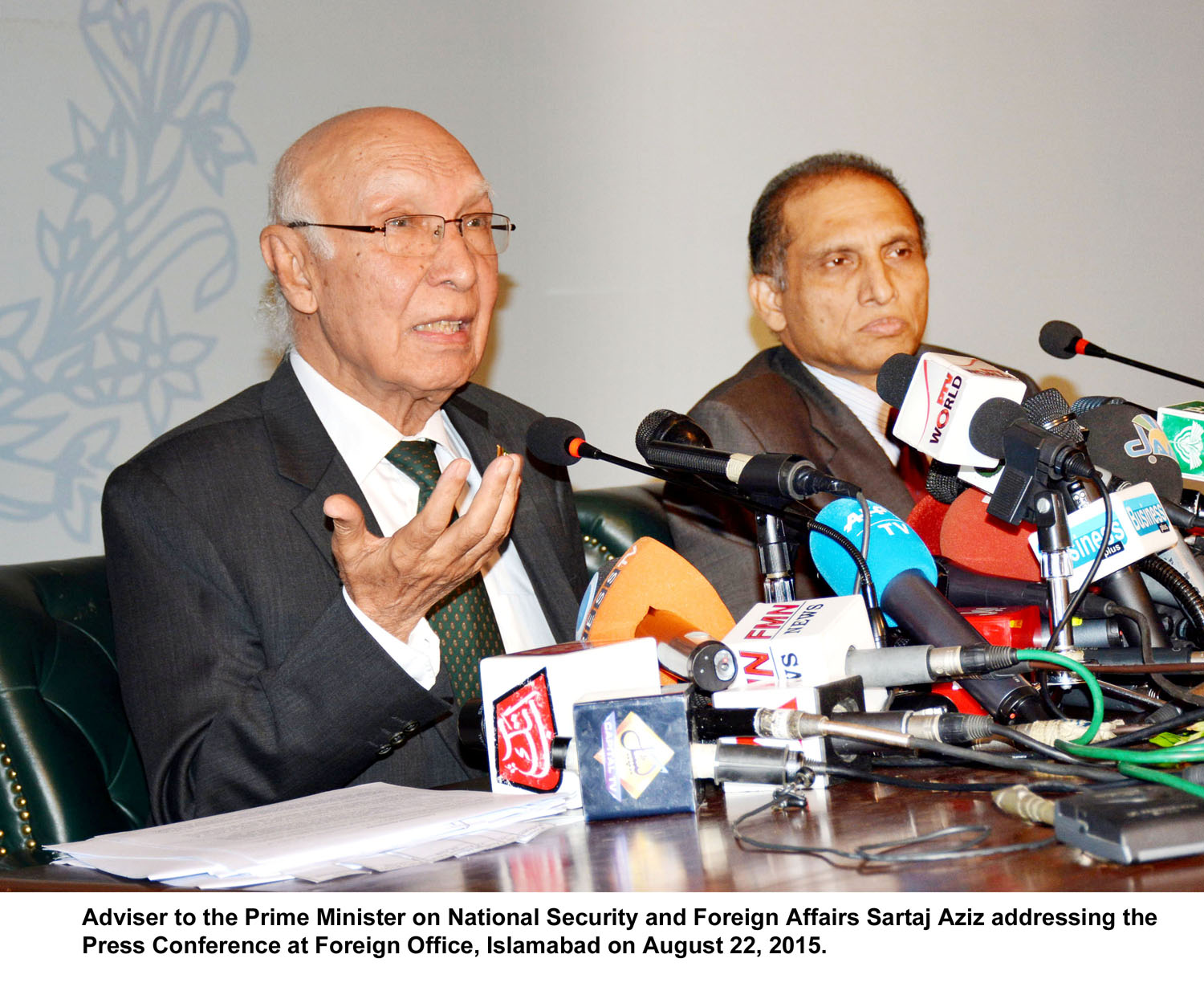 adviser to prime minister on national security and foreign affairs sartaj aziz addresses a press conference at the foreign office in islamabad on august 22 2015 photo pid