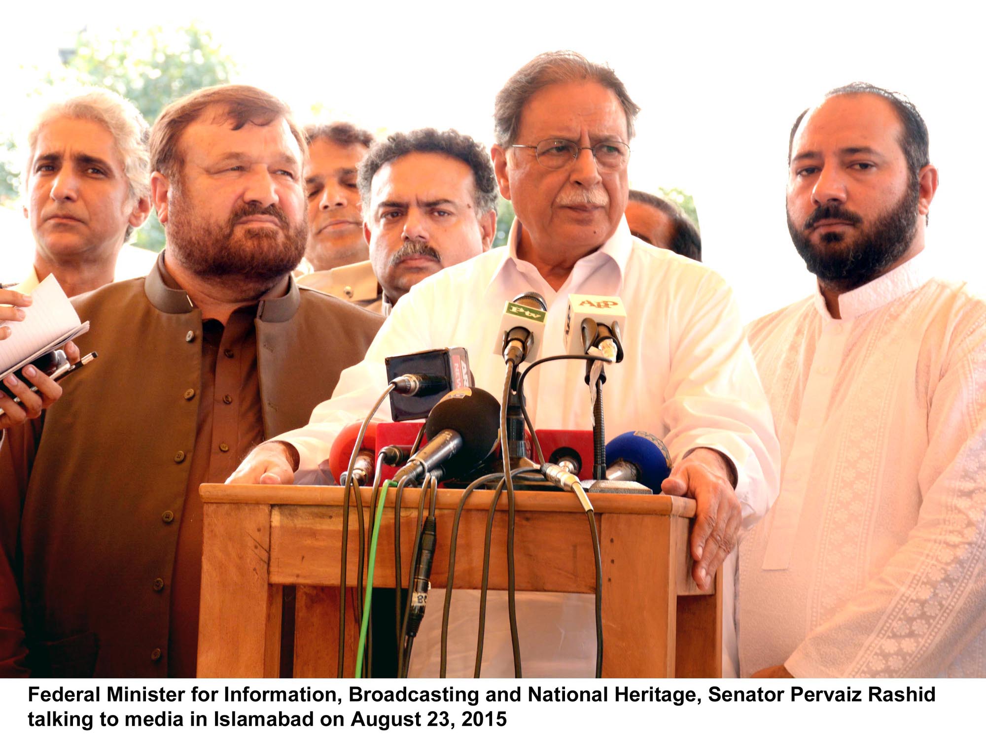 information minister pervaiz rashid talks to media in islamabad on august 23 2015 photo pid