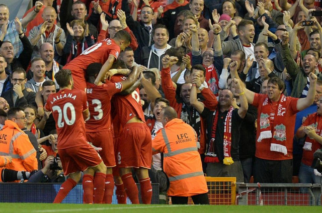 liverpool 039 s players celebrate the goal of christian benteke during their english premier league match against bournemouth at the anfield stadium in liverpool on august 17 2015 photo afp liverpool 039 s players celebrate the goal of christian benteke during their english premier league match against bournemouth at the anfield stadium in liverpool on august 17 2015 photo afp
