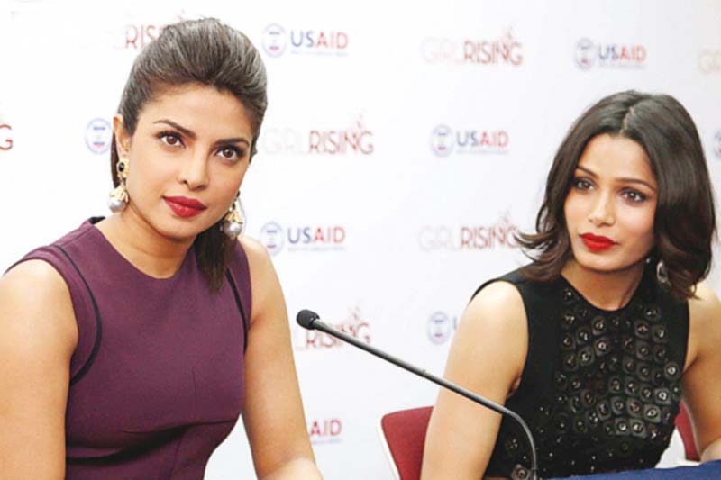 priyanka and freida who have produced the film speak at the launch of girl rising india campaign in los angeles photos file
