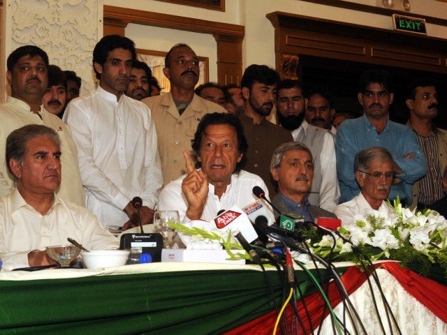 pti chairman imran khan along with party leaders addresses a press conference in islamabad on august 23 2015 photo waseem nazir express