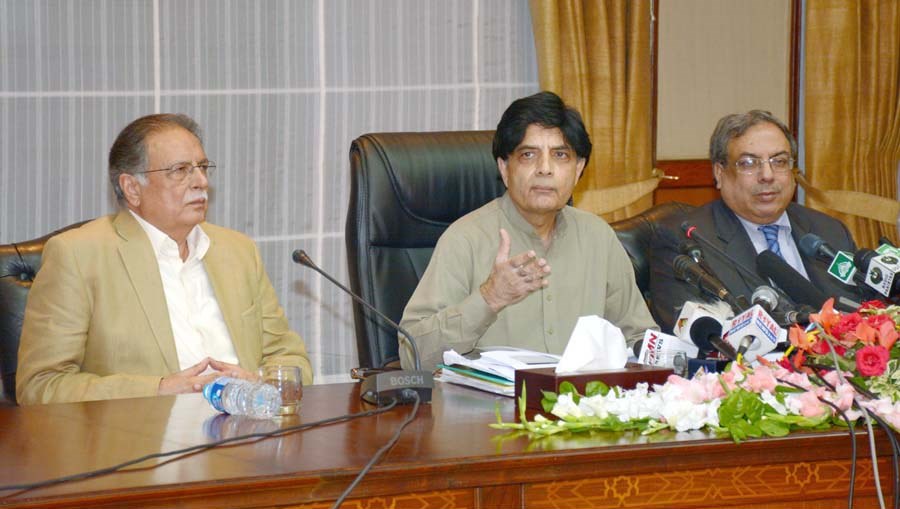 interior minister chaudhry nisar addresses a press briefing in islamabad on august 24 2015 photo pid