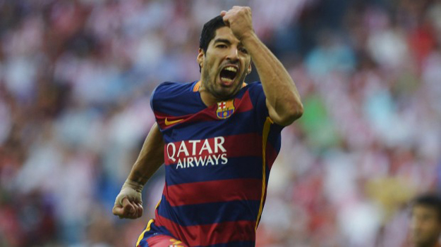 barcelona s luis suarez celebrates a goal during their spanish first division soccer match against athletic bilbao at san mames stadium photo reuters