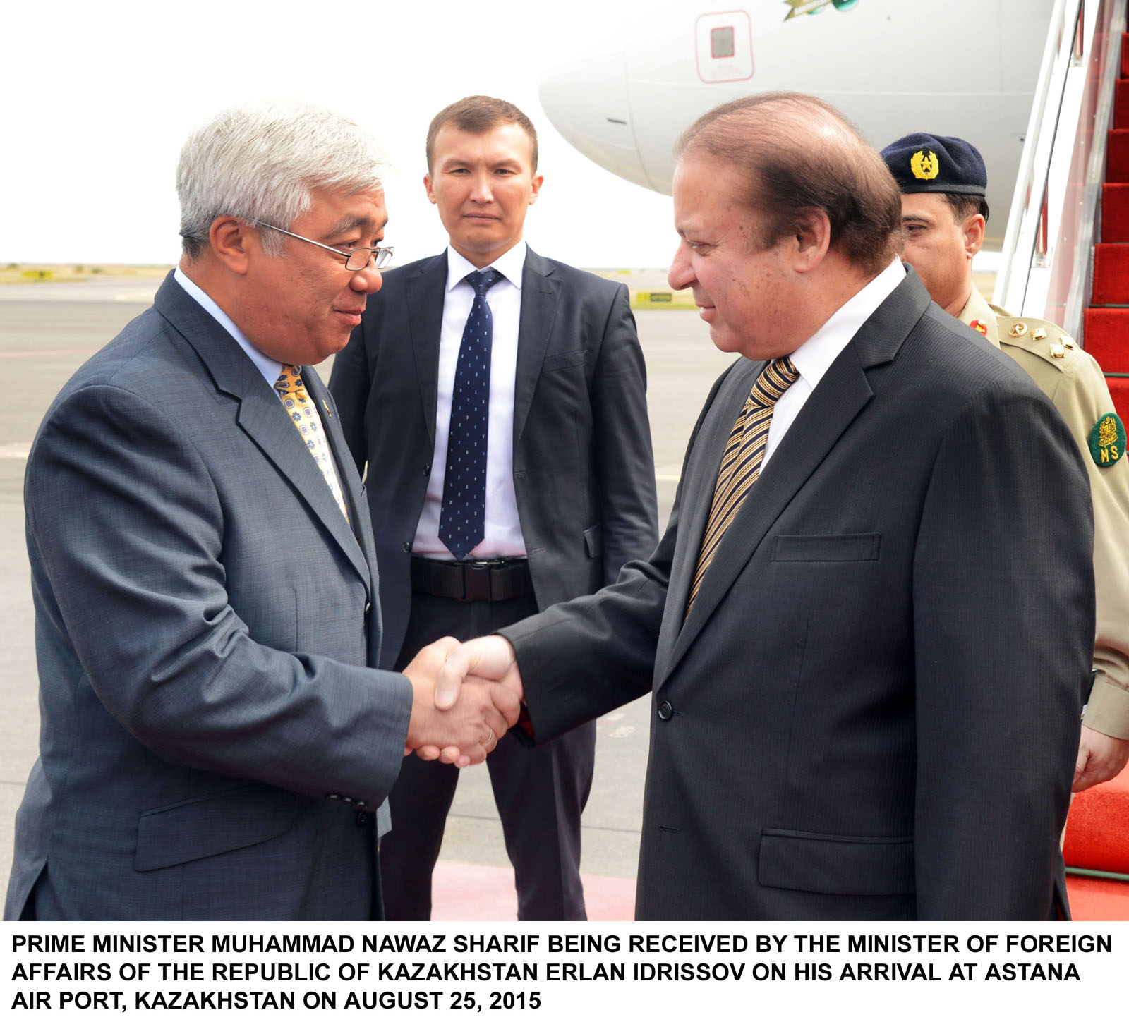 prime minister nawaz sharif is recieved by kazakhstan 039 s foreign minister erlan idrissov on his arrival at the astana airport kazakhstan on august 25 2015 photo pid