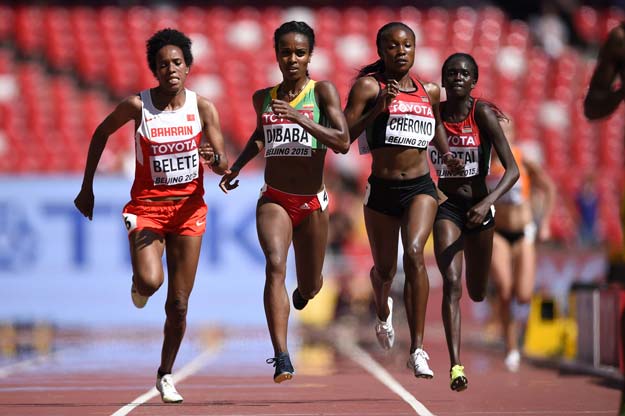 bahrain 039 s mimi belete ethiopia 039 s genzebe dibaba kenya 039 s mercy cherono and kenya 039 s irene chepet cheptai compete in a heat of the women 039 s 5000 metres athletics event at the 2015 iaaf world championships at the quot bird 039 s nest quot national stadium in beijing on august 27 2015 photo afp