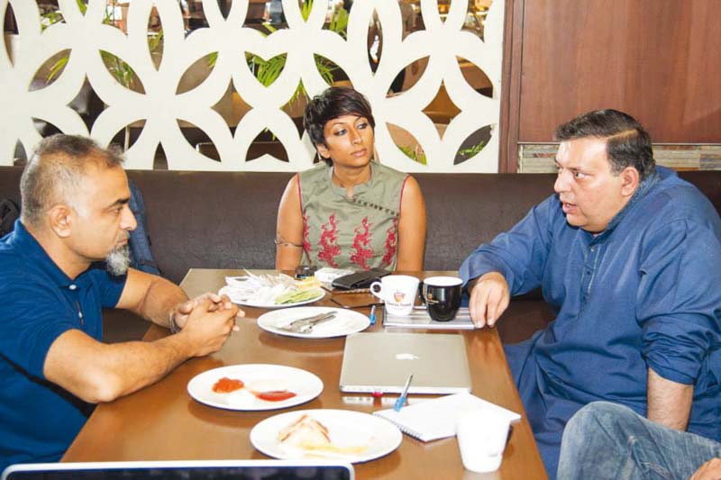 distributor exhibitor nadeem mandviwalla r director iram parveen bilal and cinematographer najaf bilgrami l at the qalamabaaz pitching session photo file