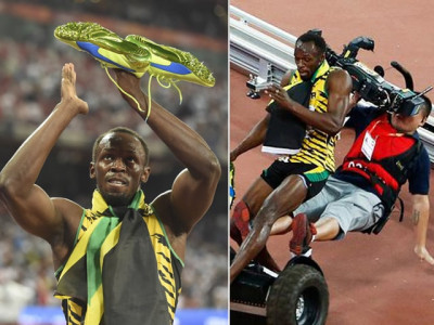 bolt brought down by cameraman after crashing gatlin for 200m gold bolt brought down by cameraman after crashing gatlin for 200m gold