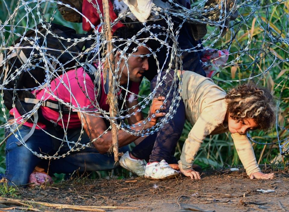 a young girl is helped by her father as they creep under a barbed fence near the village of roszke at the hungarian serbian border on august 27 2015 photo afp