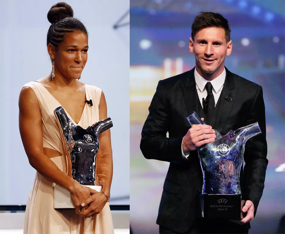 germany 039 s celia sasic l and argentina 039 s lionel messi r with their respective trophies photo afp germany 039 s celia sasic l and argentina 039 s lionel messi r with their respective trophies photo afp