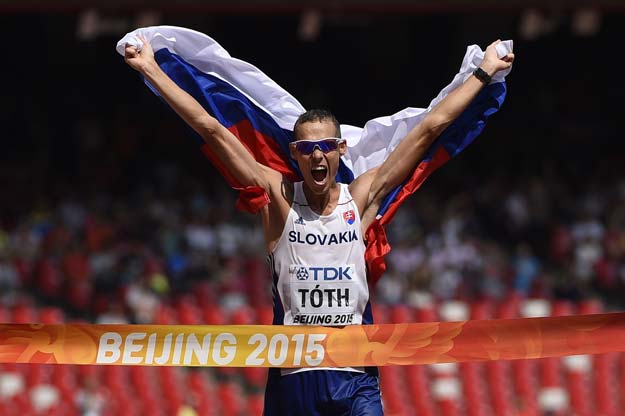 slovakia 039 s matej toth celebrates winning the final of the men 039 s 50 kilometres race walk athletics event at the 2015 iaaf world championships at the quot bird 039 s nest quot national stadium in beijing on august 29 2015 photo afp