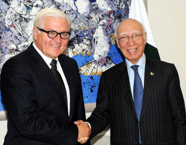 adviser to prime minister on national security and foreign affairs sartaj aziz r shakes hands with german foreign minister dr frank walter steinmeier l in islamabad on august 31 photo pid adviser to prime minister on national security and foreign affairs sartaj aziz r shakes hands with german foreign minister dr frank walter steinmeier l in islamabad on august 31 photo pid