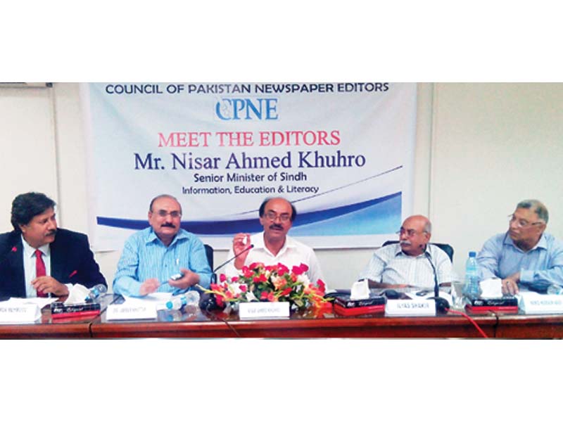 sindh information minister nisar khuhro speaks at the meet the editors programme of cpne photo express