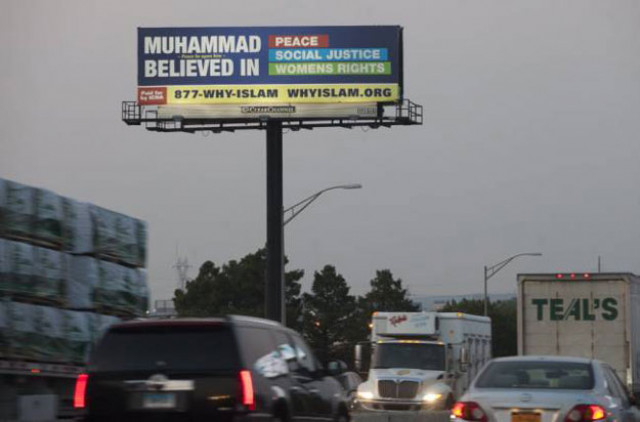 the billboard displays the message muhammad pbuh believed in peace social justice women 039 s rights photo north jersey the billboard displays the message muhammad pbuh believed in peace social justice women 039 s rights photo north jersey