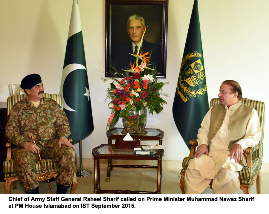 chief of army staff general raheel sharif calls on prime minister nawaz sharif at the pm house in islamabad on september 1 2015 photo pid