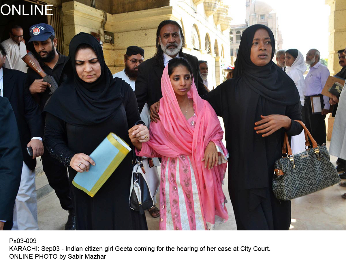 geeta arrives in city court for her case hearing in karachi on september 3 2015 photo online