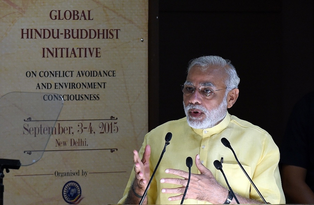 indian prime minister narendra modi delivers a speech during the global hindu buddhist initiative in new delhi on september 3 2015 photo afp
