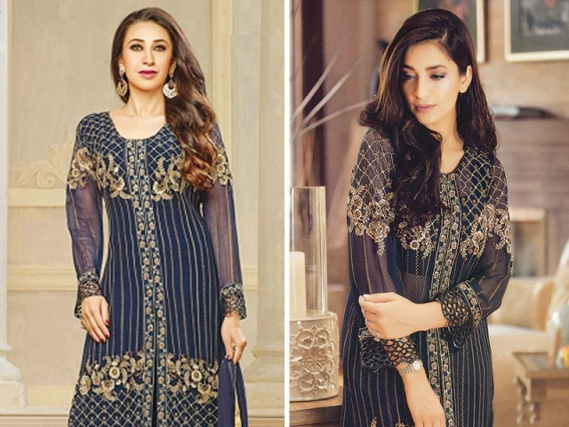 maria b s mbroidered collection worn by model rubab ali right and the design for aa fabrics featuring karisma kapoor left photos publicity maria b s mbroidered collection worn by model rubab ali right and the design for aa fabrics featuring karisma kapoor left photos publicity