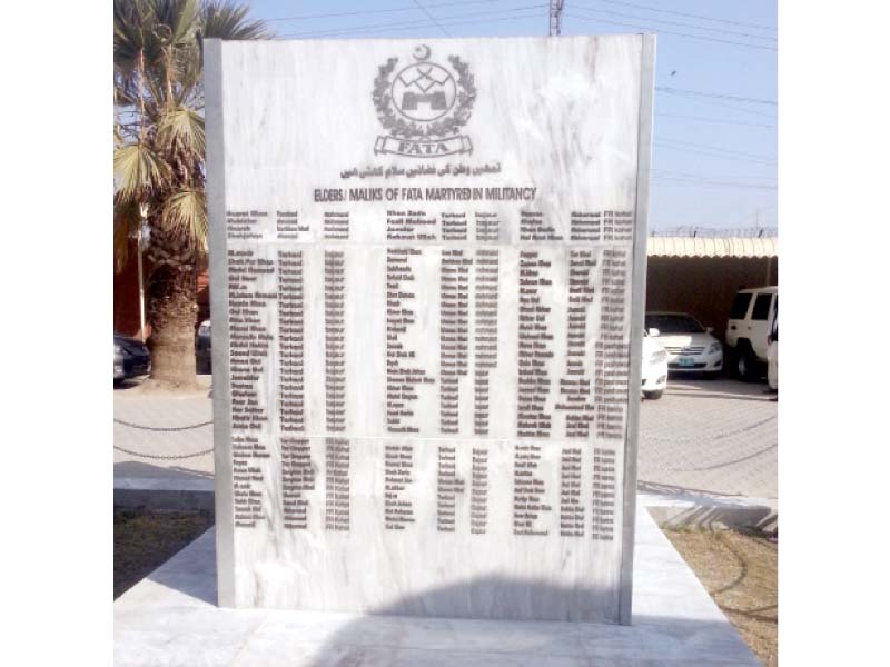 the cenotaph at fata secretariat bears names of slain tribal elders photo express