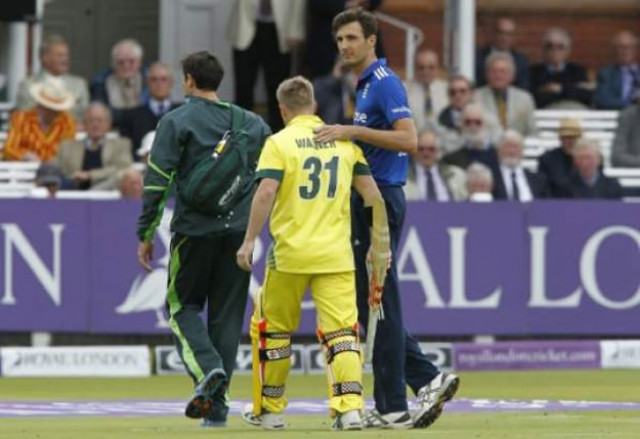steven finn comforted david warner as he walked off the field in the first over photo afp steven finn comforted david warner as he walked off the field in the first over photo afp