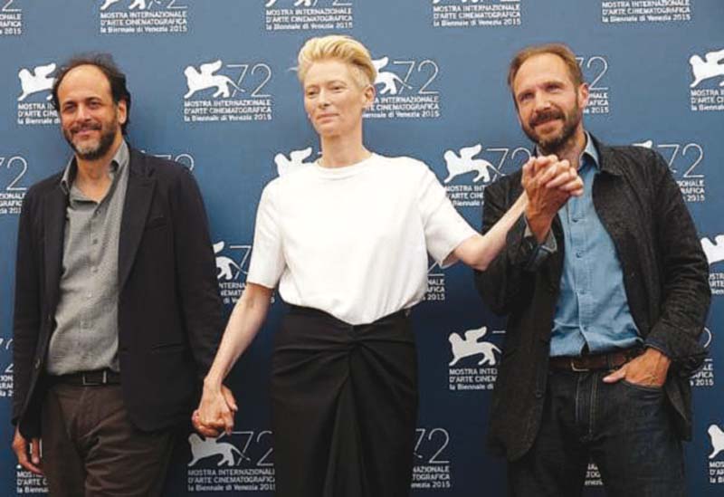 director luca guadagnino actor tilda swinton and actor ralph fiennes attend the photocall for the movie a bigger splash at the 72nd venice film festival photo publicity