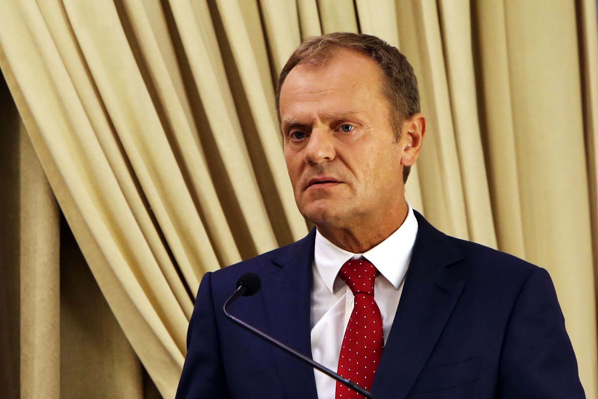 donald tusk president of the european council speaks during a meeting with israeli president reuven rivlin unseen at the presidential compound in jerusalem on september 8 2015 photo afp