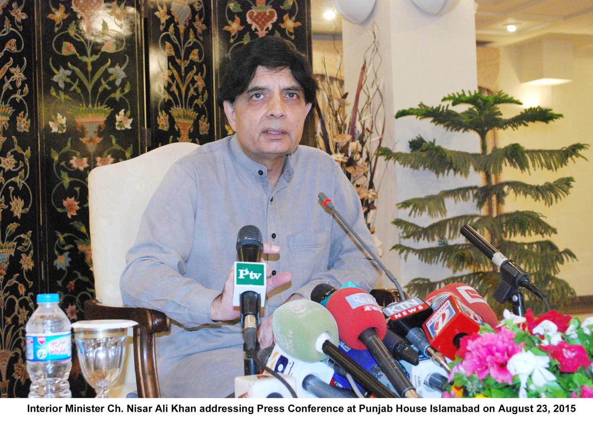 interior minister chaudhry nisar addresses a press conference at punjab house in islamabad on august 23 2015 photo pid