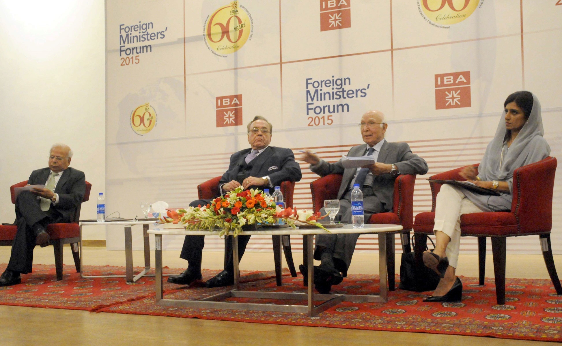 nsa adviser sartaj aziz speaks at the foreign ministers 039 forum at iba karachi on september 12 2015 photo mohammad azeem express