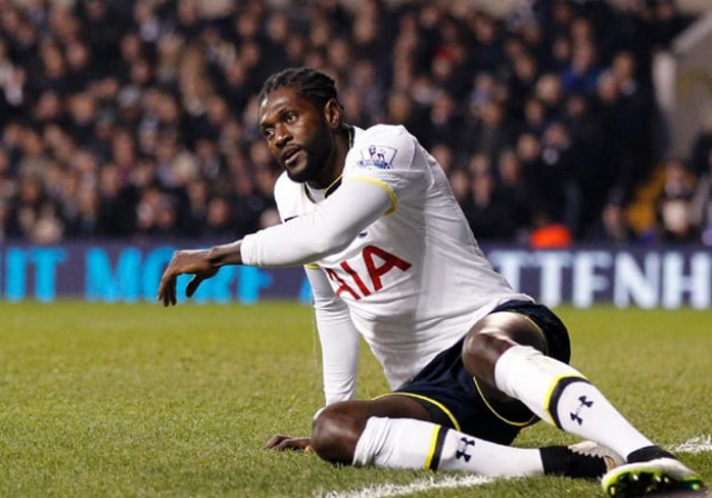togolese striker emmanuel adebayor in action during tottenham hotspur 039 s fa cup match against leicester city at white hart lane in london on january 24 2015 photo afp togolese striker emmanuel adebayor in action during tottenham hotspur 039 s fa cup match against leicester city at white hart lane in london on january 24 2015 photo afp