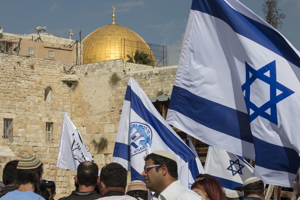 right wing israelis demonstrate at the western wall plaza next to al aqsa mosque compound islam 039 s third holiest site but also the most sacred spot for jews who refer to it as the temple mount because it once housed two jewish temples in the old city of jerusalem photo afp