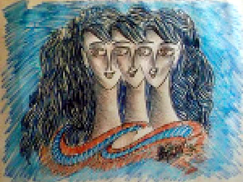 sadequain s drawing depicts three identical conjoined faces while there were only four eyes that the three faces share it is done so skilfully that it seems like each face is complete photos courtesy spaces gallery