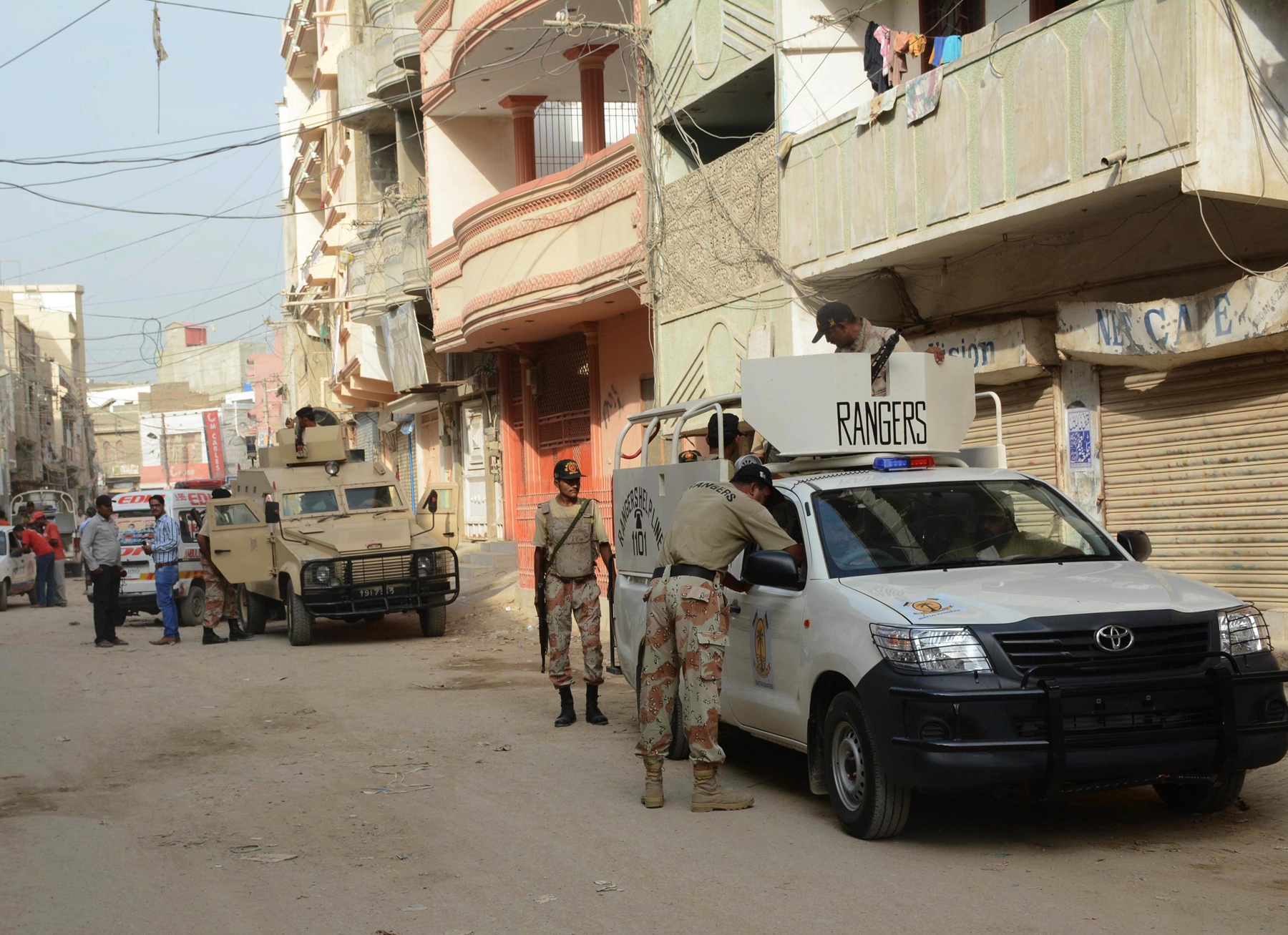 rangers personnel stand at the incident site in karachi on september 20 2015 photo rashid ajmeri express