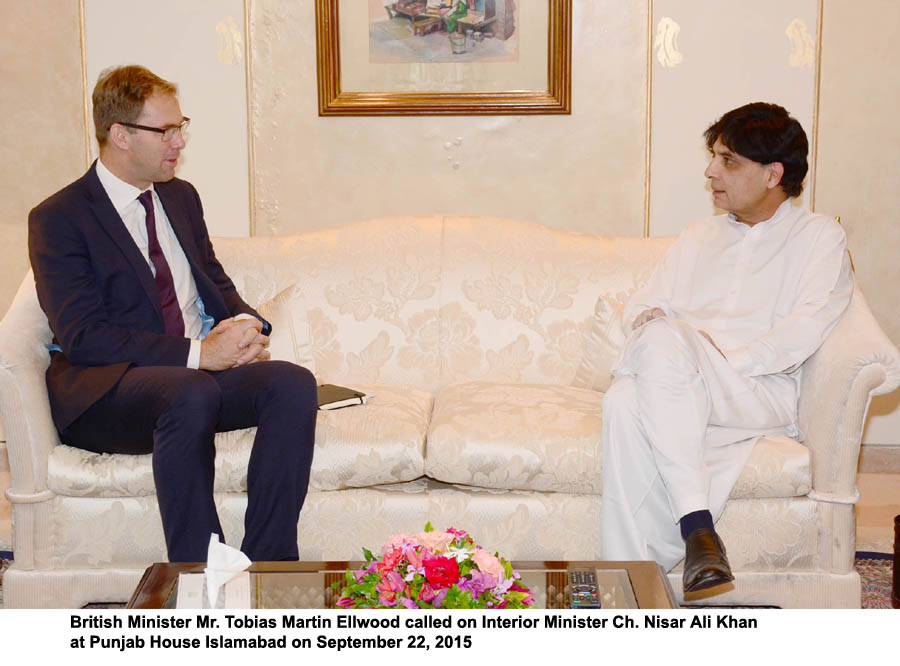british minister tobias martin ellwood called on interior minister chaudhry nisar at the punjab house on september 22 2015 photo pid