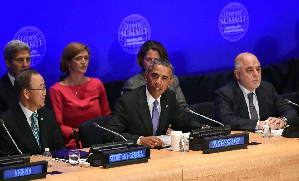 us president barack obama c speaks as iraq 039 s prime minister haider al abadi r and united nations secretary general ban ki moon l look on during the leaders 039 summit on countering is at the united nations on september 29 2015 photo afp