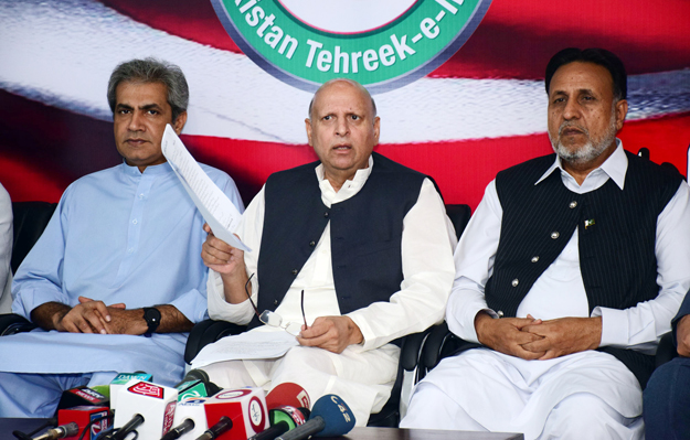 pakistan tehreek i insaf pti provincial organiser chaudhry muhammad sarwar addressing the press conference photo online