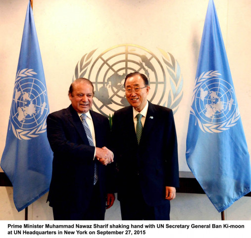 prime minister nawaz sharif shakes hands with un secretary general ban ki moon at the un headquarters in new york on september 17 2015 photo pid prime minister nawaz sharif shakes hands with un secretary general ban ki moon at the un headquarters in new york on september 17 2015 photo pid