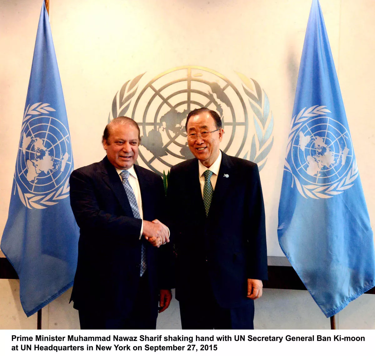 prime minister nawaz sharif shakes hands with un secretary general ban ki moon at the un headquarters in new york on september 17 2015 photo pid prime minister nawaz sharif shakes hands with un secretary general ban ki moon at the un headquarters in new york on september 17 2015 photo pid