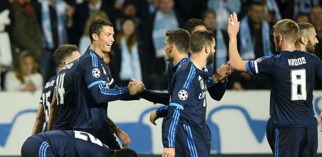 real madrid 039 s cristiano ronaldo l celebrates with teammates after scoring the opening goal against malmo ff during their champions league group a soccer match at malmo new stadium in malmo sweden september 30 2015 photo reuters real madrid 039 s cristiano ronaldo l celebrates with teammates after scoring the opening goal against malmo ff during their champions league group a soccer match at malmo new stadium in malmo sweden september 30 2015 photo reuters