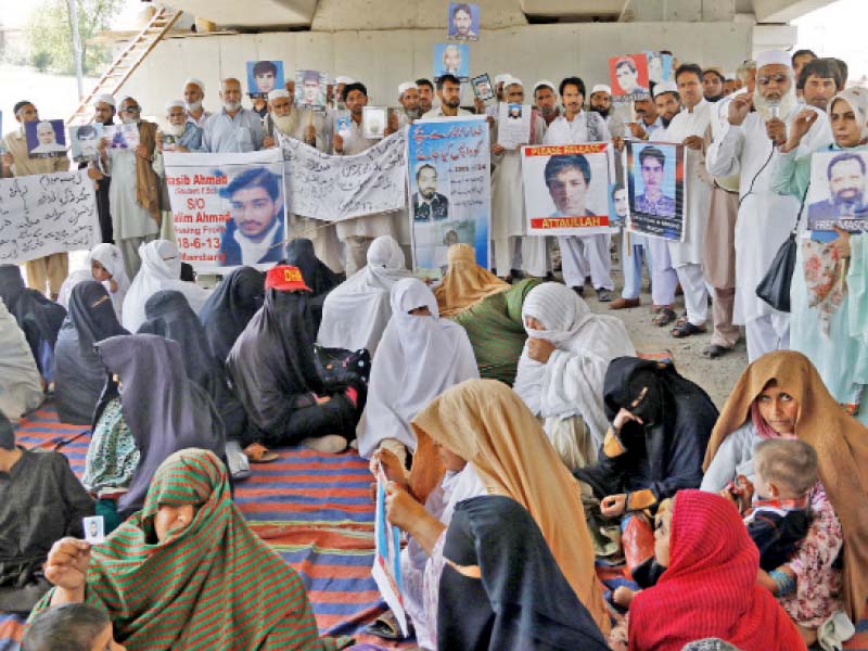 protesters demand release of missing persons in a demonstration outside the k p assembly building photo muhammad iqbal express