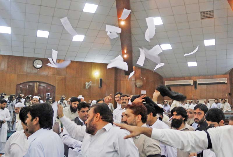 local government representatives protest at the district council hall photo muhammad iqbal express