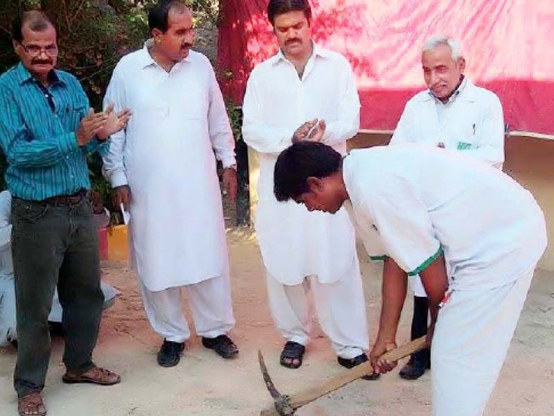 a kidney patient performs the ground breaking ceremony of the new operation theatre being constructed by siut sukkur photo express