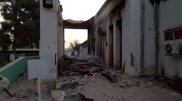 in this photograph released by medecins sans frontieres msf on october 3 2015 fires burn in part of the msf hospital in the afghan city of kunduz after it was hit by an air strike photo afp