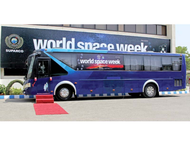 the world space week consists of space related awareness programmes such as mobile space education bus poster competition space movie theatre sky observation water rocket demonstration and space studio photos aysha saleem express