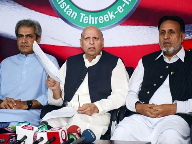 pakistan tehreek i insaf pti provincial organiser chaudhry muhammad sarwar addressing the press conference photo online